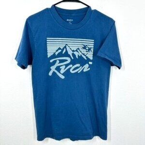 RVCA Men's Size Small Blue Teal Graphic Tee Mountains Casual Athletic Fit Cotton